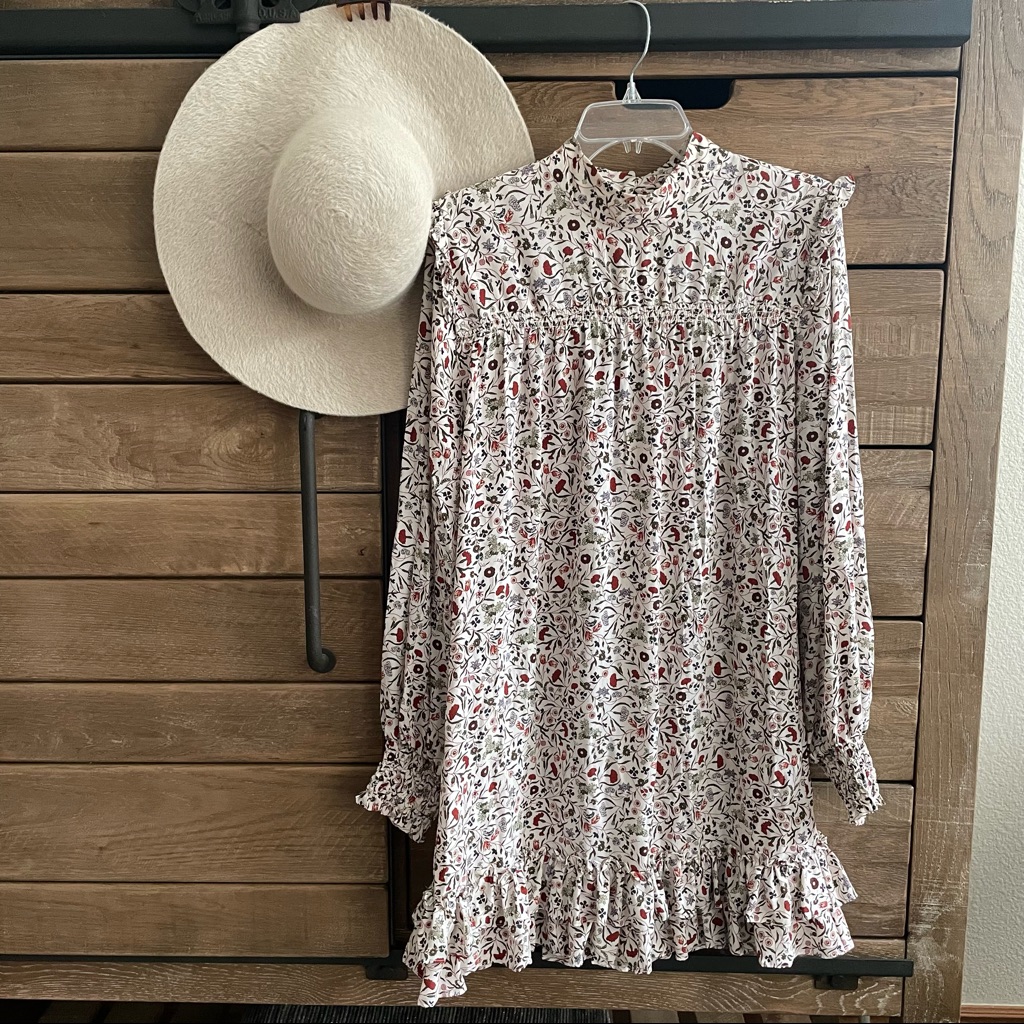 Frame Denim 100% Silk High-Neck Smocked Shift Dress